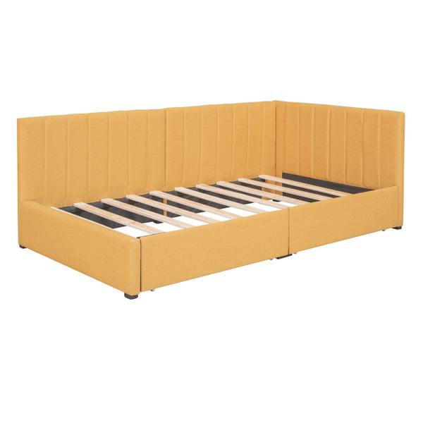 HomeRoots Yellow Tufted Linen Day Bed with Storage Drawers - Stylish Twin Sofa Bed for Modern Spaces 663629