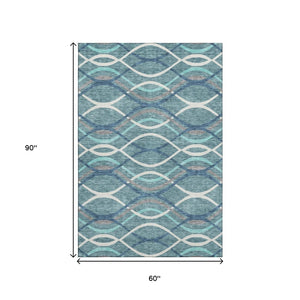 HomeRoots 5' X 8' Teal Ivory Gray Abstract Area Rug – Washable, UV Protected, Stain-Resistant, Durable Design 663643