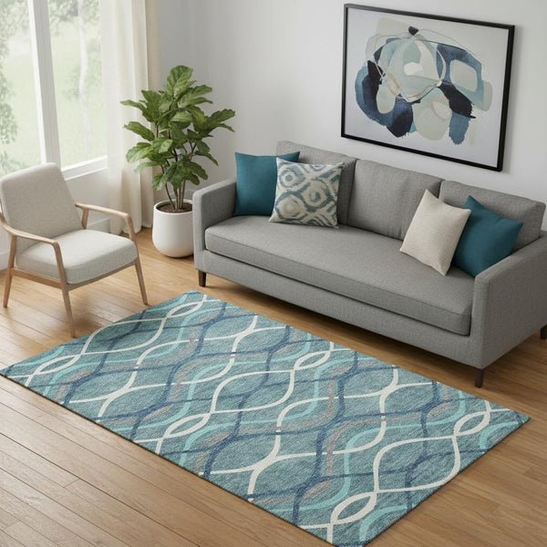 HomeRoots 5' X 8' Teal Ivory Gray Abstract Area Rug – Washable, UV Protected, Stain-Resistant, Durable Design 663643