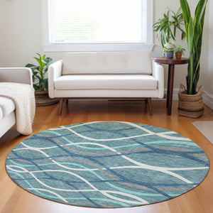 HomeRoots 8' Teal Ivory Gray Abstract Washable Round Rug - Durable, Stylish, UV-Protected for High Traffic Rooms 663644