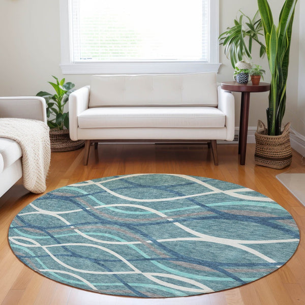 HomeRoots 8' Teal Ivory Gray Abstract Washable Round Rug - Durable, Stylish, UV-Protected for High Traffic Rooms 663644