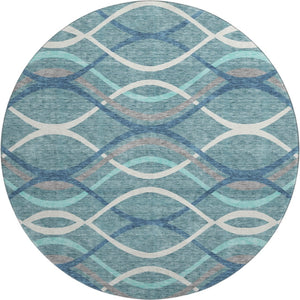 HomeRoots 8' Teal Ivory Gray Abstract Washable Round Rug - Durable, Stylish, UV-Protected for High Traffic Rooms 663644