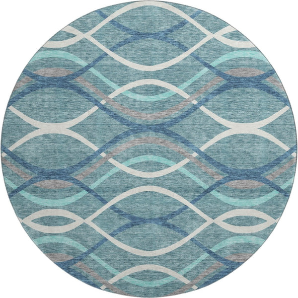 HomeRoots 8' Teal Ivory Gray Abstract Washable Round Rug - Durable, Stylish, UV-Protected for High Traffic Rooms 663644