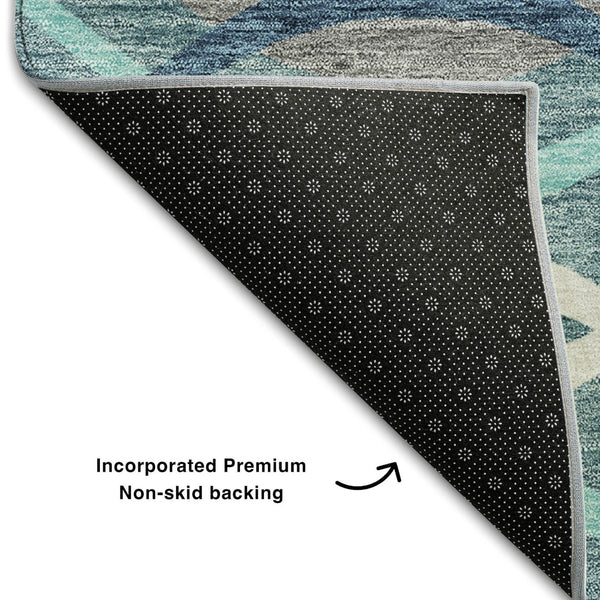 HomeRoots 8' Teal Ivory Gray Abstract Washable Round Rug - Durable, Stylish, UV-Protected for High Traffic Rooms 663644