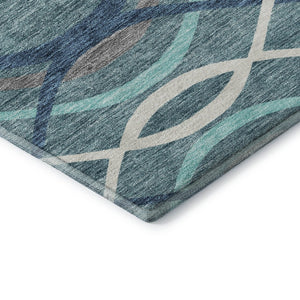 HomeRoots 8' Teal Ivory Gray Abstract Washable Round Rug - Durable, Stylish, UV-Protected for High Traffic Rooms 663644