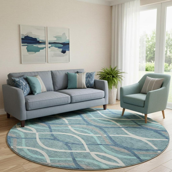 HomeRoots 8' Teal Ivory Gray Abstract Washable Round Rug - Durable, Stylish, UV-Protected for High Traffic Rooms 663644