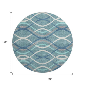 HomeRoots 8' Teal Ivory Gray Abstract Washable Round Rug - Durable, Stylish, UV-Protected for High Traffic Rooms 663644