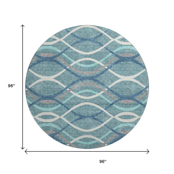 HomeRoots 8' Teal Ivory Gray Abstract Washable Round Rug - Durable, Stylish, UV-Protected for High Traffic Rooms 663644