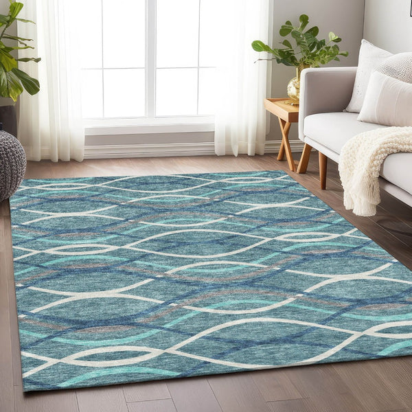 HomeRoots 8' X 10' Stylish Teal, Ivory & Gray Abstract Washable Area Rug with UV Protection for Every Room 663645
