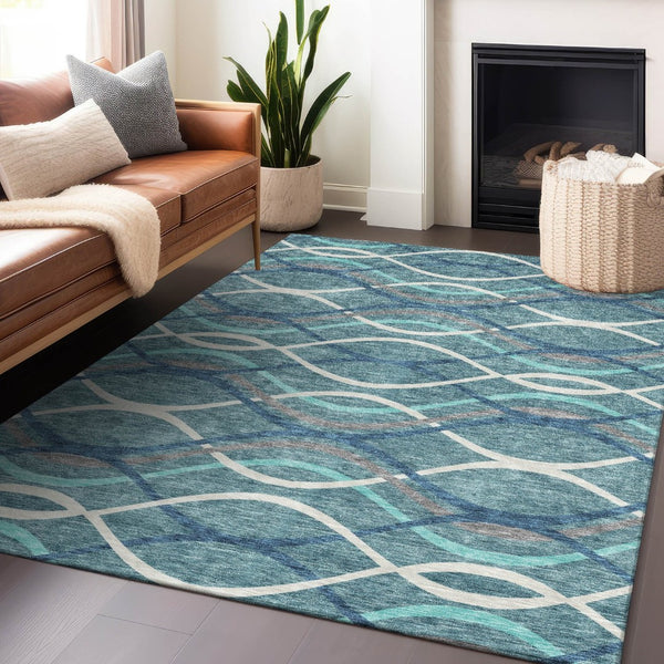 HomeRoots 8' X 10' Stylish Teal, Ivory & Gray Abstract Washable Area Rug with UV Protection for Every Room 663645