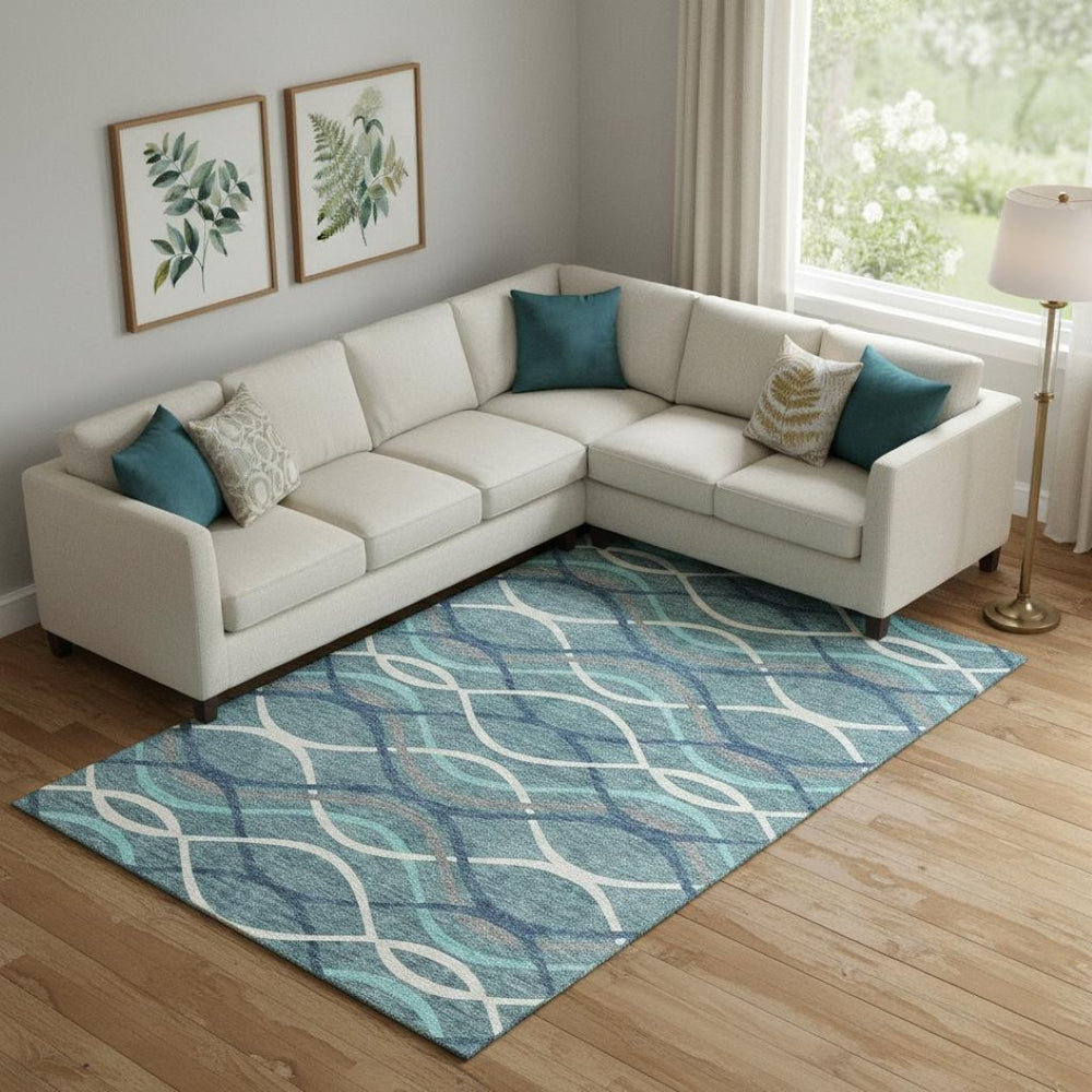 HomeRoots 9' X 12' Stylish Teal Ivory Gray Abstract Area Rug - Washable, UV Protected, Ideal for High-Traffic Areas 663646