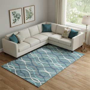HomeRoots 9' X 12' Stylish Teal Ivory Gray Abstract Area Rug - Washable, UV Protected, Ideal for High-Traffic Areas 663646