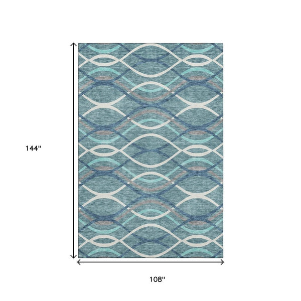 HomeRoots 9' X 12' Stylish Teal Ivory Gray Abstract Area Rug - Washable, UV Protected, Ideal for High-Traffic Areas 663646