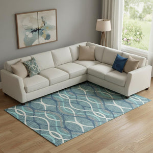 HomeRoots 10' Teal Ivory and Gray Abstract Washable Area Rug - Stylish, Durable, UV-Protected for Family Spaces 663647