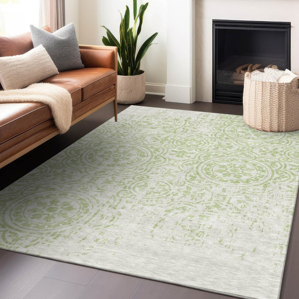 HomeRoots 5' X 8' Elegant Artichoke Green & Ivory Medallion Area Rug - Washable, UV Protected & Stain Resistant! 663655