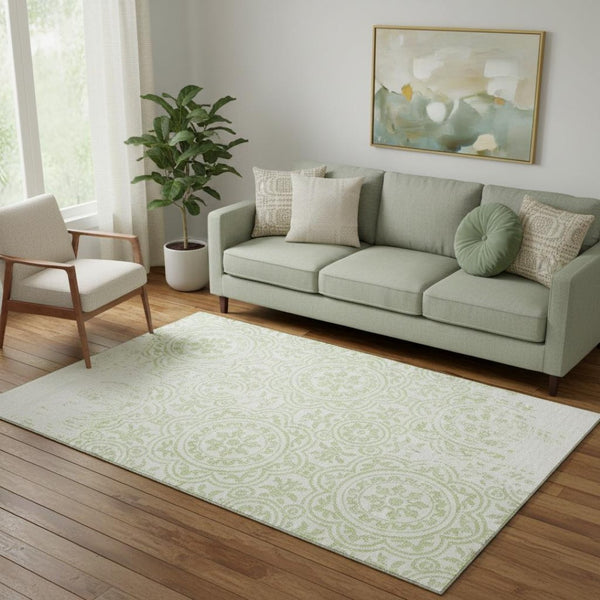 HomeRoots 5' X 8' Elegant Artichoke Green & Ivory Medallion Area Rug - Washable, UV Protected & Stain Resistant! 663655
