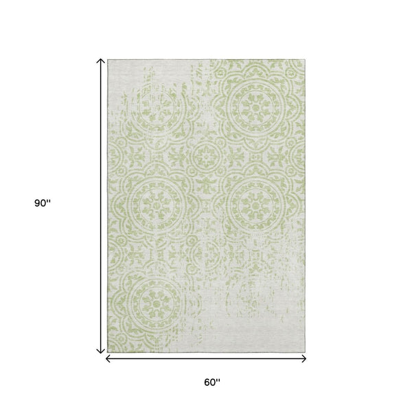 HomeRoots 5' X 8' Elegant Artichoke Green & Ivory Medallion Area Rug - Washable, UV Protected & Stain Resistant! 663655