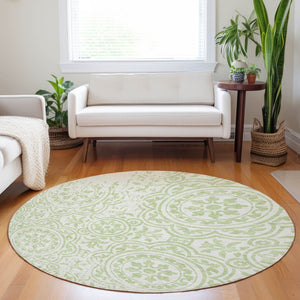 HomeRoots 8' Washable Round Area Rug in Artichoke Green & Ivory Medallion – Durable, Stain-Resistant & UV Protected 663656