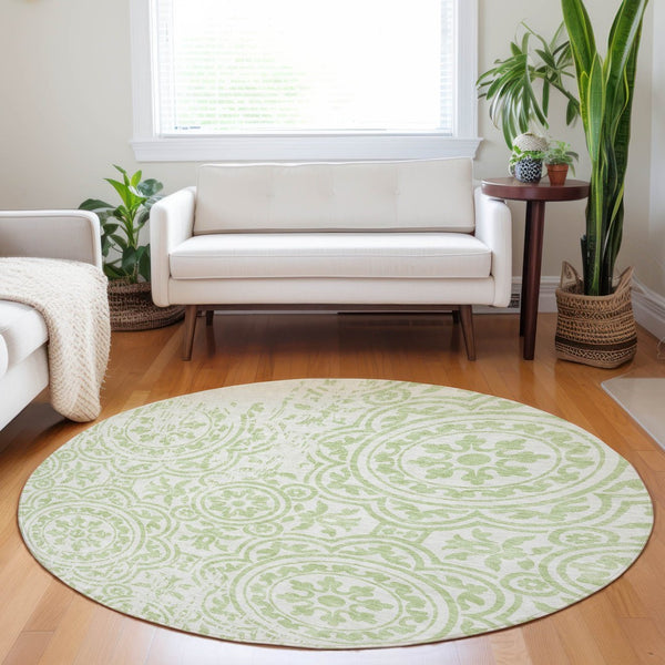 HomeRoots 8' Washable Round Area Rug in Artichoke Green & Ivory Medallion – Durable, Stain-Resistant & UV Protected 663656