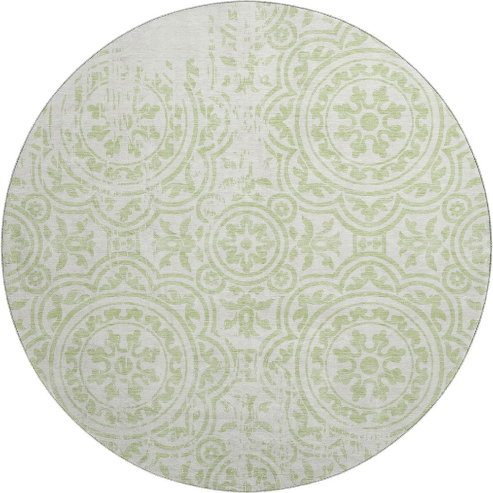 HomeRoots 8' Washable Round Area Rug in Artichoke Green & Ivory Medallion – Durable, Stain-Resistant & UV Protected 663656