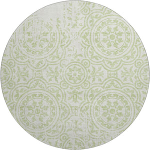 HomeRoots 8' Washable Round Area Rug in Artichoke Green & Ivory Medallion – Durable, Stain-Resistant & UV Protected 663656