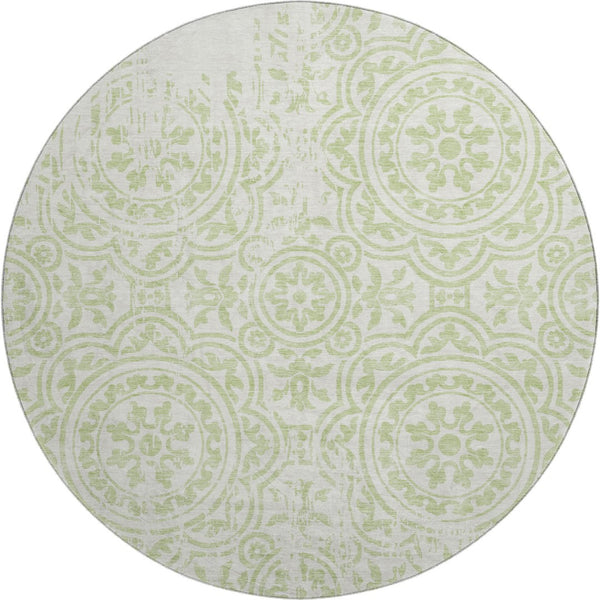 HomeRoots 8' Washable Round Area Rug in Artichoke Green & Ivory Medallion – Durable, Stain-Resistant & UV Protected 663656