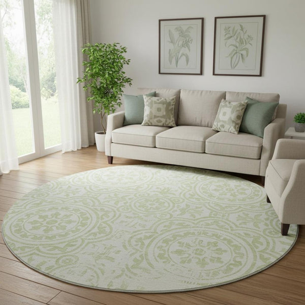 HomeRoots 8' Washable Round Area Rug in Artichoke Green & Ivory Medallion – Durable, Stain-Resistant & UV Protected 663656