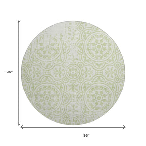 HomeRoots 8' Washable Round Area Rug in Artichoke Green & Ivory Medallion – Durable, Stain-Resistant & UV Protected 663656
