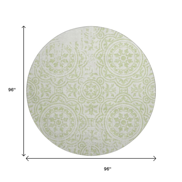 HomeRoots 8' Washable Round Area Rug in Artichoke Green & Ivory Medallion – Durable, Stain-Resistant & UV Protected 663656