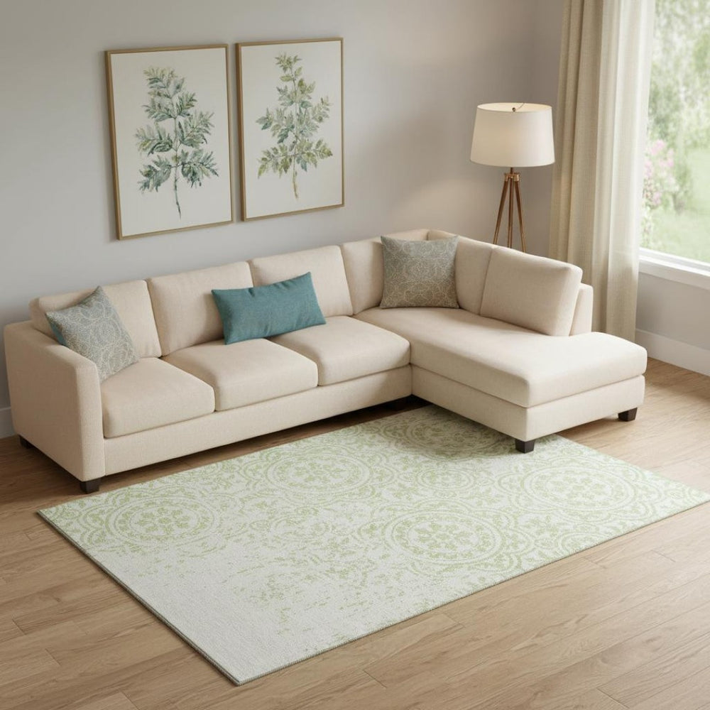 HomeRoots 9' X 12' Artichoke Green Medallion Area Rug - Washable, UV-Protected, Stylish & Durable for Homes 663658
