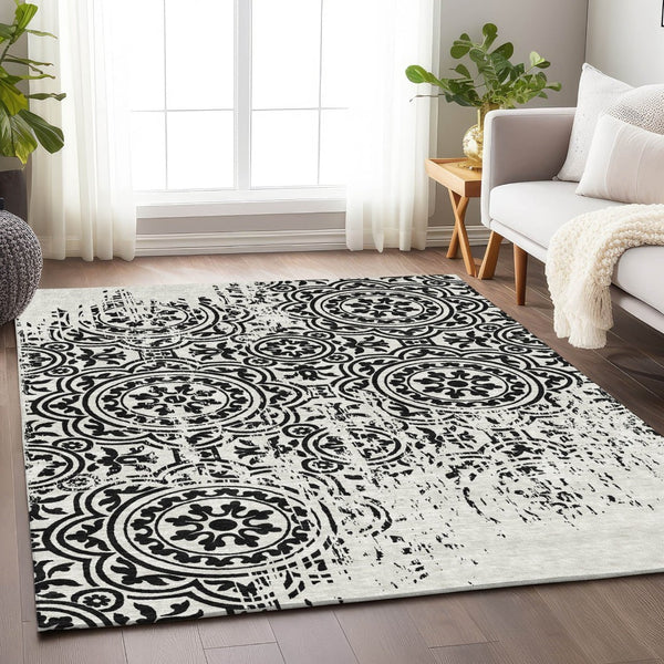 HomeRoots 5' X 8' Black and Ivory Medallion Area Rug - Washable, Stain-Resistant with UV Protection & Style 663661