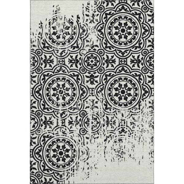 HomeRoots 5' X 8' Black and Ivory Medallion Area Rug - Washable, Stain-Resistant with UV Protection & Style 663661