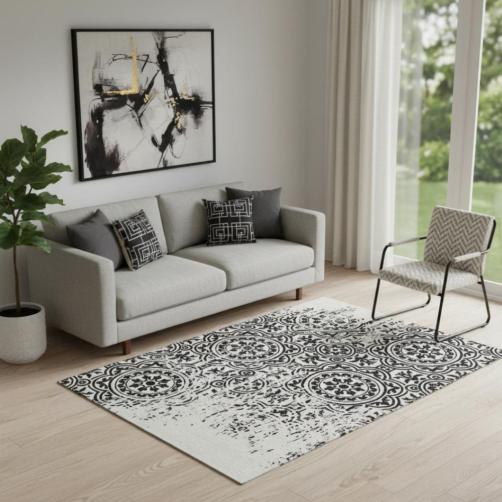 HomeRoots 5' X 8' Black and Ivory Medallion Area Rug - Washable, Stain-Resistant with UV Protection & Style 663661