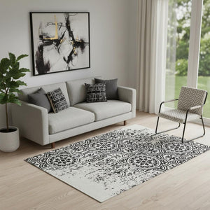 HomeRoots 5' X 8' Black and Ivory Medallion Area Rug - Washable, Stain-Resistant with UV Protection & Style 663661