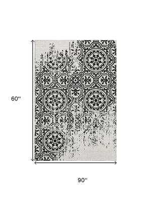 HomeRoots 5' X 8' Black and Ivory Medallion Area Rug - Washable, Stain-Resistant with UV Protection & Style 663661