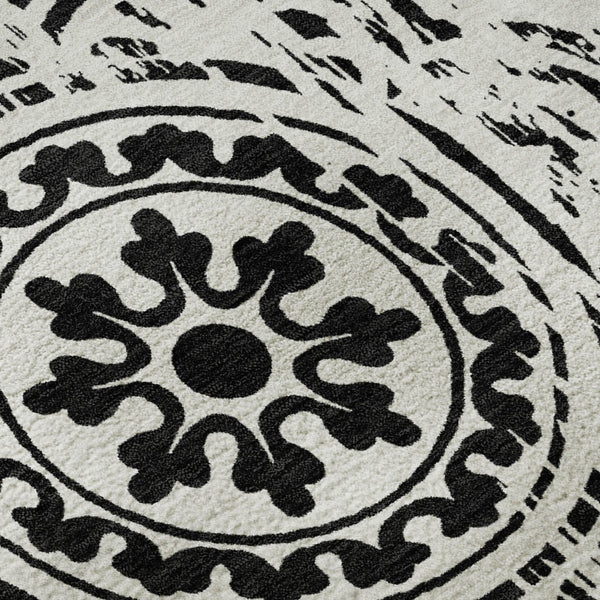 HomeRoots 5' X 8' Black and Ivory Medallion Area Rug - Washable, Stain-Resistant with UV Protection & Style 663661