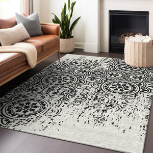 HomeRoots 5' X 8' Black and Ivory Medallion Area Rug - Washable, Stain-Resistant with UV Protection & Style 663661