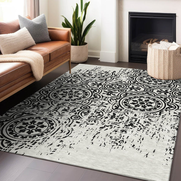 HomeRoots 5' X 8' Black and Ivory Medallion Area Rug - Washable, Stain-Resistant with UV Protection & Style 663661