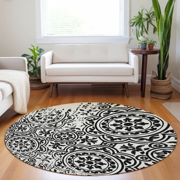HomeRoots 8' Black And Ivory Medallion Round Rug - Washable, UV Protected, Stylish for High-Traffic Homes 663662