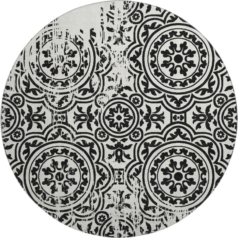 HomeRoots 8' Black And Ivory Medallion Round Rug - Washable, UV Protected, Stylish for High-Traffic Homes 663662