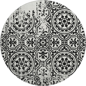 HomeRoots 8' Black And Ivory Medallion Round Rug - Washable, UV Protected, Stylish for High-Traffic Homes 663662
