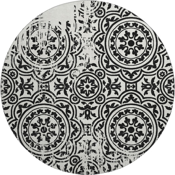 HomeRoots 8' Black And Ivory Medallion Round Rug - Washable, UV Protected, Stylish for High-Traffic Homes 663662
