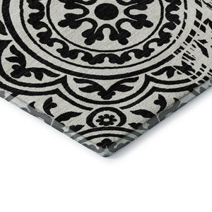 HomeRoots 8' Black And Ivory Medallion Round Rug - Washable, UV Protected, Stylish for High-Traffic Homes 663662