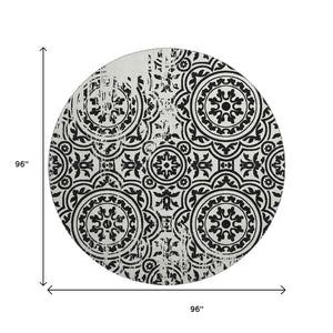 HomeRoots 8' Black And Ivory Medallion Round Rug - Washable, UV Protected, Stylish for High-Traffic Homes 663662