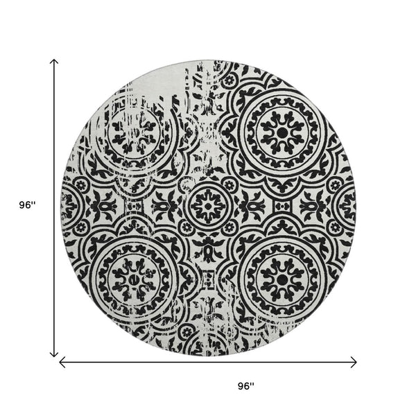 HomeRoots 8' Black And Ivory Medallion Round Rug - Washable, UV Protected, Stylish for High-Traffic Homes 663662