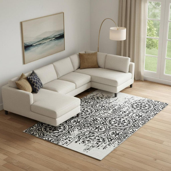 HomeRoots 8' X 10' Black and Ivory Medallion Washable Area Rug with UV Protection for Stylish Home Decor 663663