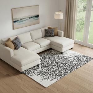 HomeRoots 9' X 12' Black and Ivory Medallion Washable Area Rug with Stain Resistance and UV Protection Features 663664