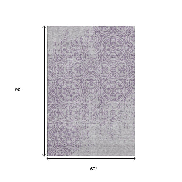 HomeRoots 5' X 8' Lavender & Ivory Medallion Area Rug - Washable, UV Protected, Stylish for Any Space 663685
