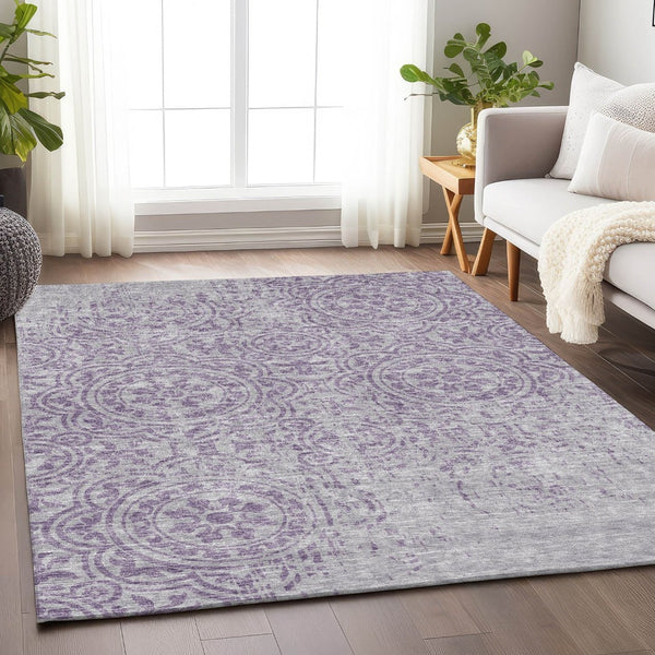 HomeRoots 5' X 8' Lavender & Ivory Medallion Area Rug - Washable, UV Protected, Stylish for Any Space 663685