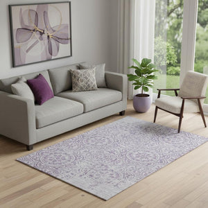 HomeRoots 5' X 8' Lavender & Ivory Medallion Area Rug - Washable, UV Protected, Stylish for Any Space 663685